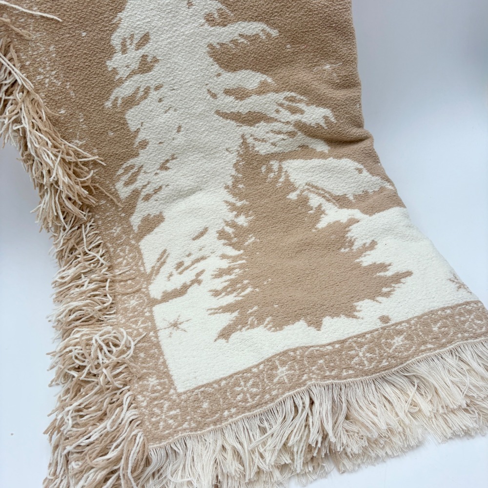 Aspen Decorative Christmas Throw Blanket Neutral Tan Cream Trees Deer Cabin - Picture 2 of 9